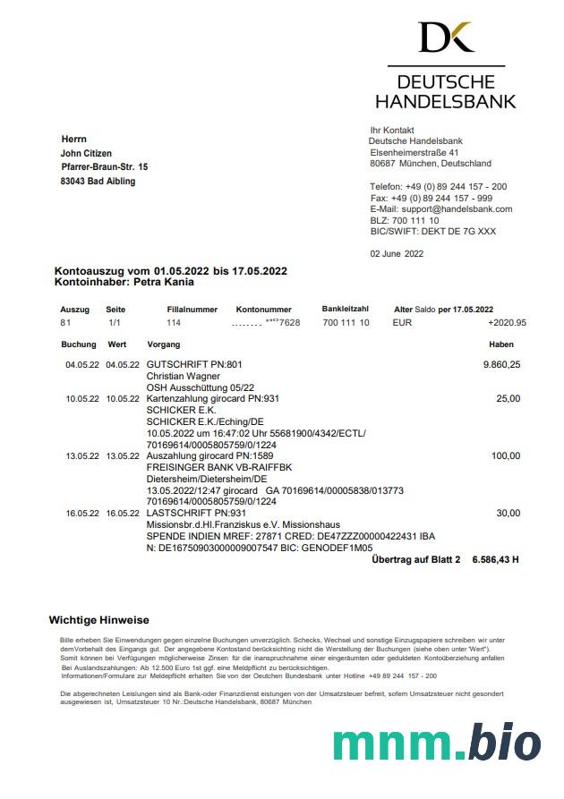 Niemcy Graubundner Kantonalbank oświadczenie Na Deutsch, 4 strony